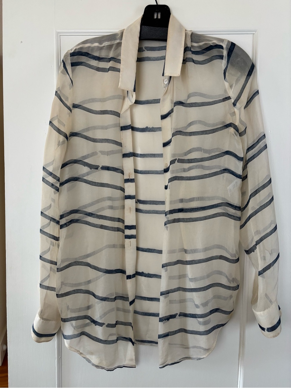 Theory Cream Sheer Button-Down Shirt with Navy Stripes
